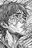 Placeholder: Portrait drawing of A man with deep lines on his face, staring towards the heaven, manga style, chaos