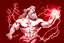 Placeholder: Detailed and realistic illustration of Greek god Zeus holding holding lightning. Vintage style illustration. Red and white lightning. Ultra high resolution.