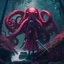 Placeholder: giant octopus, girl with katana, in the forest, cliff enchanted, darkred tones, 8k, macro photography,