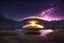 Placeholder: fine golden flying saucer traveling in the galaxy, transparent, amethyst crystal with lights, starry sky, reflection over a lake, finely tuned detail, ultra high definition, 8 k, unreal engine 5, ultra sharp focus,
