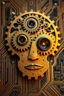 Placeholder: A mechanical click gears in the shape of humane Al Face with golden texture reflecting a dim light Dali style , Busch painting style with computer motherboard filled with chips and electronic components in the background .with to cameras lenses as Eyes