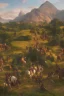 Placeholder: detailed oil painting, renaissance style, of mounted knights galloping across an open field, swords in hand, mountains in distance