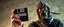 Placeholder: close up on guard holding up a diskette in front of a professional ninja thief climbing a wall during lightening,