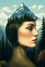 Placeholder: Illustration depicts a profound hyper realistis concept of surrealism. Like the original, A woman reflected in the appearance of her face. The right side of her face appears calm and serene, adorned with shows an intense and emotional expression, with part of her head open, revealing a surreal, beautiful forest.The top of her head is also open,displaying a fantastical landscape of majestic mountain