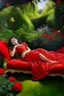 Placeholder: Oil painting Princess lying in the middle of a garden On a sofa and a red cover that covers her body from below only