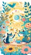 Placeholder: Children book style Boho cat in flowers garden having tea with funny bird in sunlight seamless