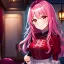 Placeholder: girl, masterpiece, best quality, cinematic lighting, detailed outfit, perfect eyes, pink hair, vibrant red eyes, girl, nervous, smile, indoors, depth of field,