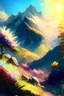 Placeholder: full light,highlight, trees, hill, day, sun day, an idyliic mountains with bright colorful flowers, mountains, sun,flower, paradise, realistic art, brush, pencil, detailed