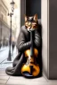 Placeholder: One single mature homeless cat sleeping in a corner on the street, violin case, Vienna, mourning, model style, hyper realistic, extremely accurate, delicate, extremely detailed, Graphic novel style, wide-angle, open aperture, superfine pencil