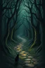 Placeholder: fantasy winding dark forest path with the path lit and animal in the darkness and cobwebs and little will o' wisps