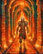 Placeholder: A frightening castle dungeon hallway with a skeleton warrior in rusty chainmail holding a burning torch painterly rpg art