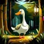 Placeholder: cartoon goose in forest with flashlight