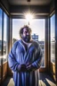 Placeholder: full figure shot photography of burly chubby turkish man 50 years old, at the windows in open bathrobe , bulge, hands behind the head, emotive eyes, long beard, manly chest, curly hair, sharp focus, backlit, harsh overhead sunlight, ambient occlusion , photorealistic , frontal view