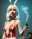 Placeholder: Ultra realistic photographic party portrait, sound club, wide-angle lens, couple, cinematic, happy blonde woman smoking a shisha pipe, accompanied by big white rabbit friend, hot, circus dress style, marihuana plants, color smoke, soft color, highly detailed, unreal engine 5, ray tracing, RTX, lumen lighting, ultra detail, volumetric lighting, high definition.