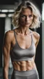 Placeholder: photography of a beautiful anorexic woman, grey satin sports bra, sports illustrated, blond short wavy bob haircut, pronounced sternum, grey running leggins