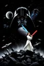 Placeholder: black background onto which the outline of darth vader, standing filled with stars nebula and the Death Star is large within, in front in poses from the original star wars posters is Luke Skywalker with lightsaber and Princess Leia Organa with laser pistol both in white clothing atop crumbling stone and starship parts, the millenium falcon and x-wing fighters and tie-fighters flying among the stars, do not show darth vader's face