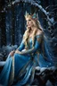 Placeholder: Elven princess,elven crown,long blonde golden hair,rapunzel hair,ice flowers,beautiful,light blue,dark blue,golden armor,sparkle,glitter,ice flowers,snow,elven ears,dark fairy princess