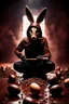 Placeholder: horror figure in rabbit mask sitting on the floor and shatters with a hammer many chocolate eggs, crepy, volumetric light, dark colors, surreal dark mood, cinematic