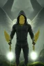 Placeholder: running berserker portrait , no face, black jogging suite , in the night Alps , holding coins , angels background, volumetric gold light, high detail, dark leaf tree, dark mountains in background, perfect, HR Giger style