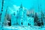 Placeholder: A cyan castle in a winter forest with falling snowflakes painted by Andy Warhol