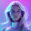 Placeholder: A portrait of a crystalised beautifull girl,smiling, laughting, white longs hairs, atmospheric, realistic,, cinematic lighting, octane render,, pink turquoise light, blue eyes nice