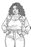 Placeholder: black curvy woman wearing jeans, eyes front camera coloring page