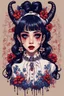 Placeholder: wears a smart shirt which is embroidered with bluered flowers and ornaments, has dark eyes and horns,Poster in two gradually, a one side malevolent goth vampire girl face and other side the Singer Melanie Martinez face, full body, painting 90's movie , pixel art , for a retro gaming 2D style by Yoji Shinkawa, darkblue and sepia tones,