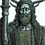 Placeholder: line toned, hedcut, wsj style, statue of cruicified Jesus of Liberty with a beard and wearing a cross and hanging from a cross, The statue male, hyperdetailed intricately detailed photoillustration ink drawing dystopian 8k resolution entire body of the statue is in the picture. digital illustration telephoto lens photography , same colors as the us treasury's one dollar bill, crucified"