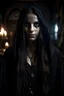 Placeholder: portrait of a beautiful young female necromancer, messy long hair, goth girl, pale grey eyes, pale smooth skin, dressed in an ornamented revealing black robes with a hood, confident, evil, unholy symbol, standing in a tavern, realistic, sexy, cinematic lighting, highly detailed face, very high resolution, looking at the camera, centered
