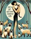 Placeholder: Tall and thin Young women standing holding Siamese cat while several other Siamese cats in different positions surround her at her feet. Done in a simple Art Deco style in jewel tone colors, with the text Just a Girl who loves Siamese Cats at the bottom.. Tall tree in background