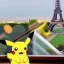 Placeholder: A pikachu fine dining with a view to the Eiffel Tower