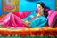 Placeholder: oriental woman lying on a pillow painting neoclassism bright colors zoom out realistic whole body