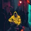 Placeholder: Aerial View Of A Dark Street In Which Dark Silhouette Of People Talking Surrounding A Well-Built Man (Age 24, his face should be covered and he should be looking down) Covered In A Yellow Hoodie Sitting On A Rustic Chair And Posing With Swag, All Of This In Comic Art Style (Using Colors Navy-Blue, Maroon, Orange, Neon-Green And Brown) Along With A Street Light And Heavy Rainfall Giving Overall A Dramatic & Cinematic Ambiance.