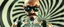 Placeholder: lawn mover man movie character, portrait of upper body of cool transparent guy made with nano tape and with shades and mustache and bald head, saw blade beholder eye tyrant flating beholder kin with eyes on each saw blade tooth saying something profound, hypnotic zebra twirl background, with chrome reflections, like he is floating in a giger cartoon