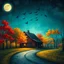 Placeholder: create a highly detailed digital painting in whimsical folk art style, moonlit barn surrounded by glowing autumn trees in fiery reds, golds, and turquoise, flock of silhouetted birds crossing a teal-blue sky, misty air, curved country road, visible paint texture, cinematic lighting, dreamy storybook composition --ar 16:9 --v 7 --stylize 1800