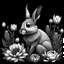 Placeholder: black and fox Patagonian Mara between seeds and big flowers black background. for a coloring. with grayscale