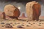 Placeholder: Grey sky, planet in the sky, rocks, cliffs, rocky arid land, 90's sci-fi movies influence, rodolphe wytsman and wilfrid de glehn impressionism paintings