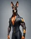 Placeholder: Muscular and powerful Doberman superhero, weightlifter type, with a serious and confident expression. He wears the suit inspired by Batman's. On the chest a (((stylized logo))) of a dog. Strike a heroic pose. Vibrant typography 3d rendering photo.