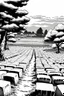 Placeholder: landscape, Japanese open air flat cemetery with thousand gravestones, high detail, manga style, grayscale