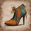 Placeholder: create simplel women's Regency style side-lace shoes with decorative contrasting stitching, in fine suede leather, illustrated in the comic book style of Bill Sienkiewicz and Frank Miller, highly detailed, 4k