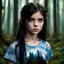 Placeholder: Dark haired 12 year old girl with blue eyes wearing a ripped teeshirt, in a forest , photorealistic, dark fantasy