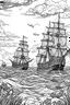 Placeholder: Outline art, no shading, ships on the sea, cartoon style, black and white, low detail, --ar 9:11