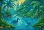 Placeholder: A blue watery coast with water dragons near a rainforest designed in Hawaiian tikis painted by Georges Seurat