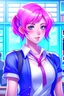 Placeholder: yugioh art style, character design, character concept art, realistic manhwa art for beautiful striking female teacher in the classroom, crimson hair with pink tips, blue Hair bobbles, bob haircut, blue eyes, light make-up, ruby lips, smooth, soft face, sculpted body, toned physique. she wearing sleeveless satin shirt that is white, classic collar shirt, cropped shirt, deep v-neck, elegant, passionate and beauty, red skirt, silver bracelet. Miki Asai Macro photography, vector art, sketch art, hyp