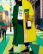 Placeholder: whimsical arafed nonsense, patchwork vibe, a young woman and a young man are strolling down a rainy whimsical downtown street in slow pace, (((exaggerated body parts))), (((oversize head))), sharp color contrasts, amazing shadows, (((exaggerated limbs and head))), minimal cozy, warm palette, bright bold warm summer green yellow orange black colors, color leak, heavily distorted views, amazing parallels