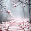 Placeholder: foreground path of pink glossy stone pastel, pink stones shades, magnolia branches, blurred background, fantasy world in pastel in light pink tones, minimalism fog