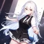 Placeholder: masterpiece, best quality, female, long white fluffy hair, hair between eyes, pointing, wearing a white shirt with a black collar, wearing a black vest, wearing a white skirts, {{{half body}}}, very dark black eyes