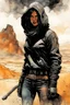 Placeholder: create an ink wash and watercolor, fine art print full body illustration of a rugged gritty, roughly textured, hooded, black clad and dusty Fremen female mercenary with highly detailed feminine facial features, amidst the billowing desert storms of Arrakis, in the comic book art style of Bill Sienkiewicz, and Jean Giraud Moebius, finely textured, drawn, colored, and inked,