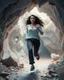 Placeholder: make a picture pretty crystal cave covered with jwells and 3d recursive cubic and sphere base pearls and Gemstone species, a beautiful goddess lady with curvy hair,makeup, in pretty modern today pants and loose shirt and sport shoes with jewels is running inside cave ,dynamic camera fallow her inside cave capturing full body, dynamic lights.