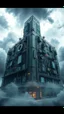 Placeholder: Synthography Art generated Of huge shape building with visual details of mechanical and electrical components textures with gray clouds storm in the background